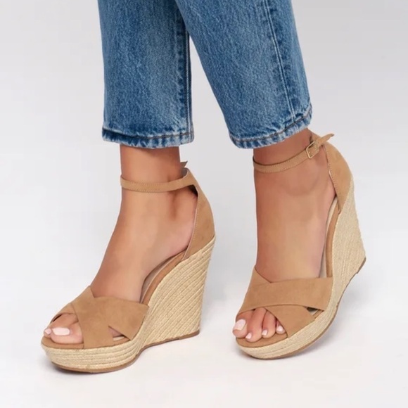 Chinese Laundry Morgan Micro Suede ankle strap wedge heels Camel sandals Sz 10 - Picture 10 of 16